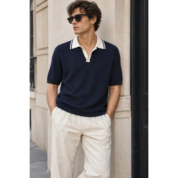 Sandro Paris Men’s Two-Tone Knit Polo Shirt M Navy Cream Preppy Minimalist Luxe