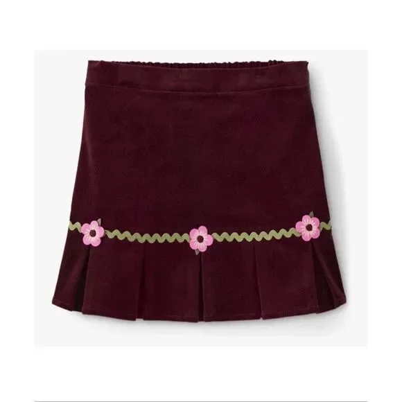 Gymboree Burgundy Corduroy Girls Skirt 12 Pink Flowers Green Rick Rack Adjustabl