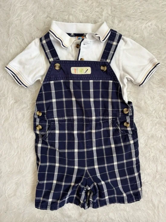Gymboree Baby Boy Vintage Y2K Classic Polo and Plaid Overall Summer Set
