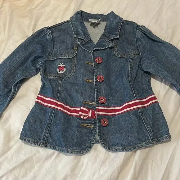 Gymboree 6 denim nautical inspired jean jacket puff sleeves euc red accents