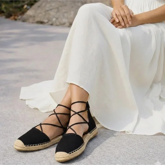 Eileen Fisher Sandal‎ Elastic Lace Up Espadrille Women Shoe Black Leather Sz 6