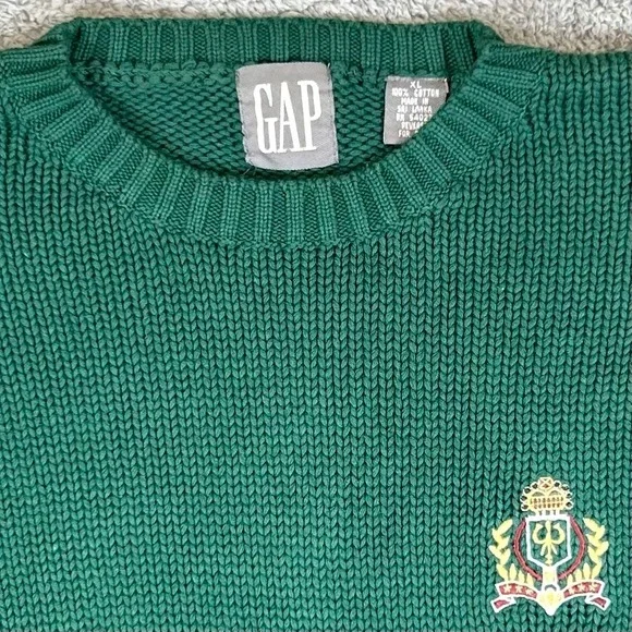Gap Mens XL Green Cotton Shaker Knit Crewneck Sweater Embroidered Crest Vintage