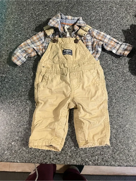 OshKosh B'gosh Tan Overalls with Plaid Shirt