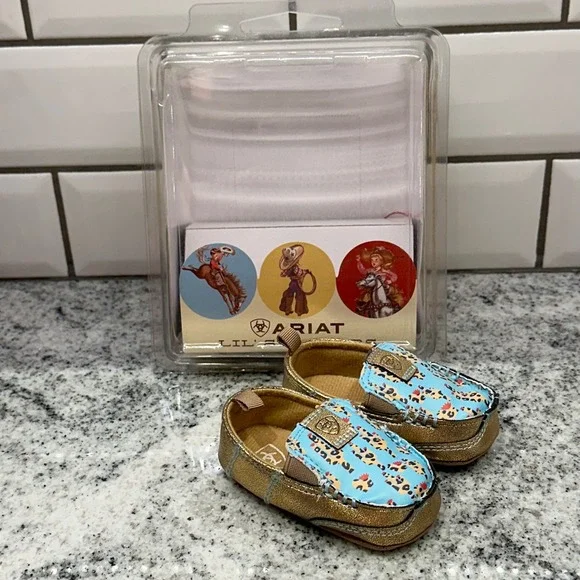 Ariat Size 1 Lil Stompers Piper Kids Gold‎ Blue New Cactus Western Moccasins