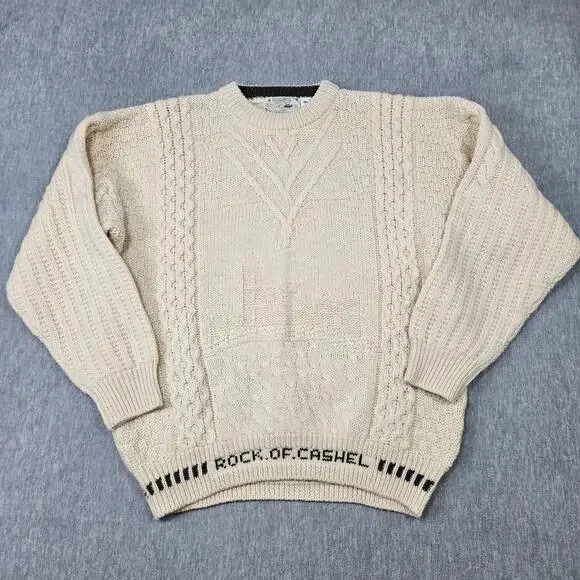 Shamrock Wool Sweater Mens XL Cream Rock of Cashel Irish Knit Pullover Ireland
