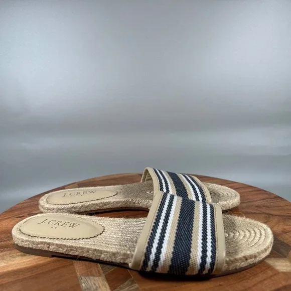 J.Crew‎ Womens Striped Espadrille Slide Sandals Tan Navy Blue White Size 6