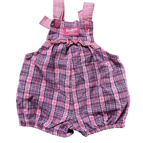 VTG OshKosh B'gosh Overalls Infant Girl 3-6M Pink Plaid Ruffle Bubble Romper USA