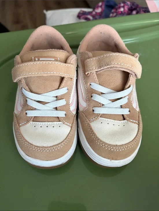 Kids Beige and Pink Suede Sneakers with White Laces