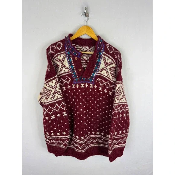 Handmade Wool Fair Isle Nordic Henley Sweater Burgundy Cream XL