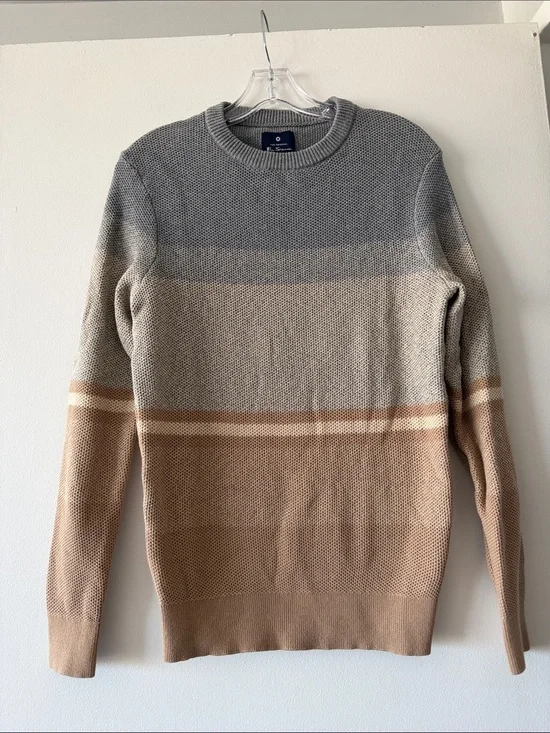 Ben Sherman Men's Colorblock Knit Crewneck Sweater Gray Tan Striped Small