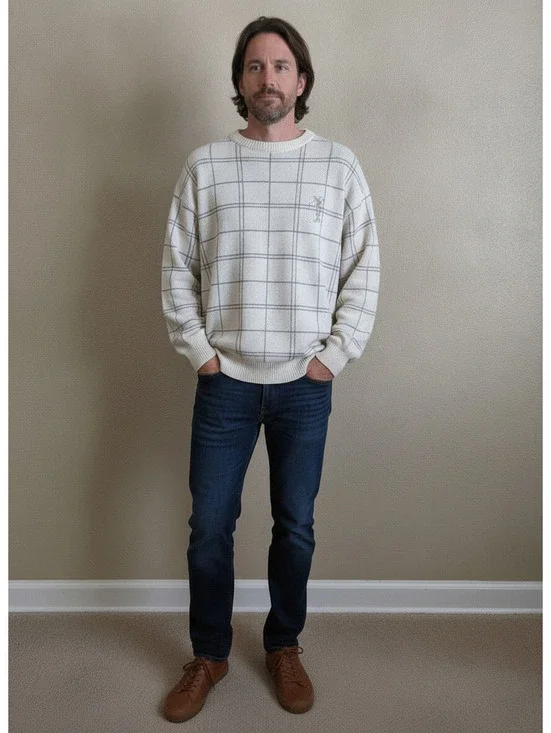 Vintage 90s Cypress Links Grid Plaid Golf Sweater Cream Crewneck Size Medium