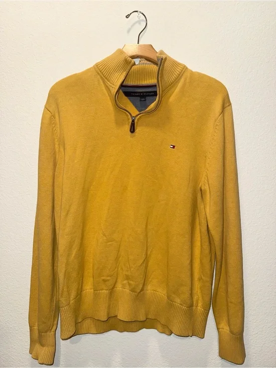 Tommy Hilfiger Men’s Mustard Yellow Quarter-Zip Sweater — Size L/G