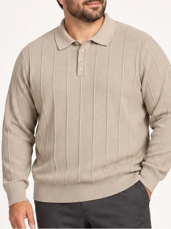 COOFANDY Men’s 2XL Taupe Textured Knit Long-Sleeve Polo Sweater