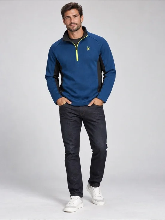Spyder Men's Blue Half-Zip Pullover with Black Panels and Neon Yellow Trim - XXL
