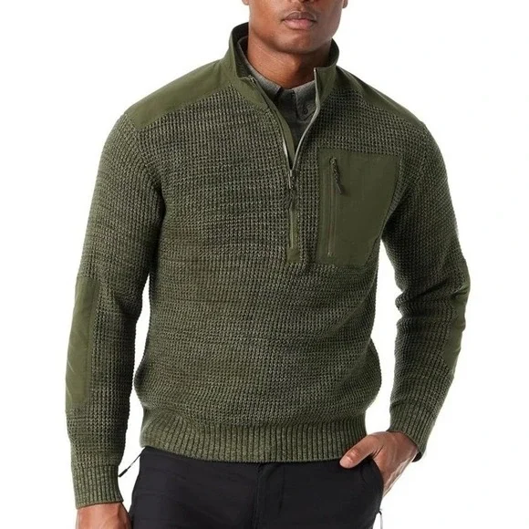 NWT Bass Outdoor Mixed Sweater Men's S Green Cotton Waffle Knit 1/4 Zip