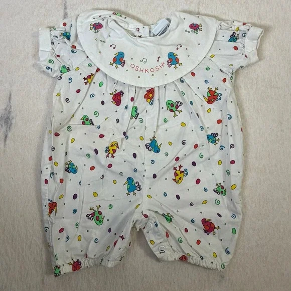 Vintage OshKosh Baby Romper 3-6‎ Months Birds Musical Print USA Made Bubble