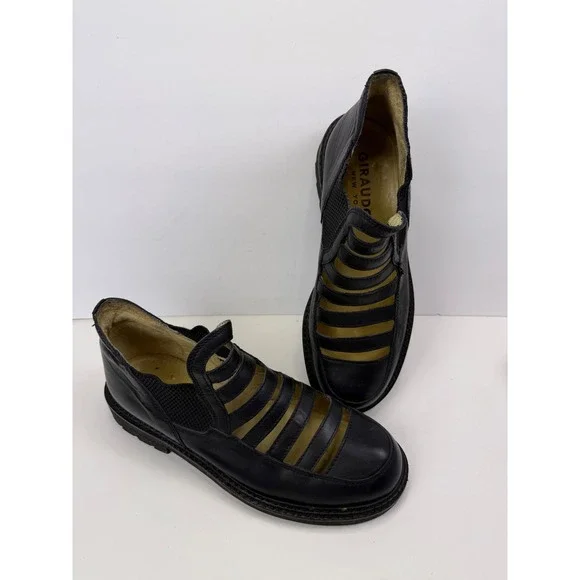 Giraudon New York Black Leather Cage Cutout Lug Sole Shoes Booties Round Toe