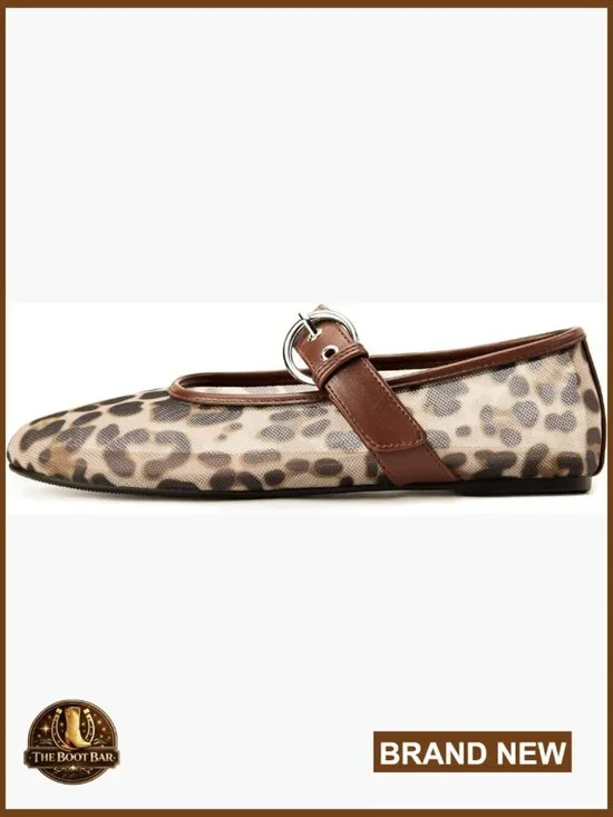 Leopard Mesh Mary Jane Ballet Flats Women's Slip On Dress Shoes