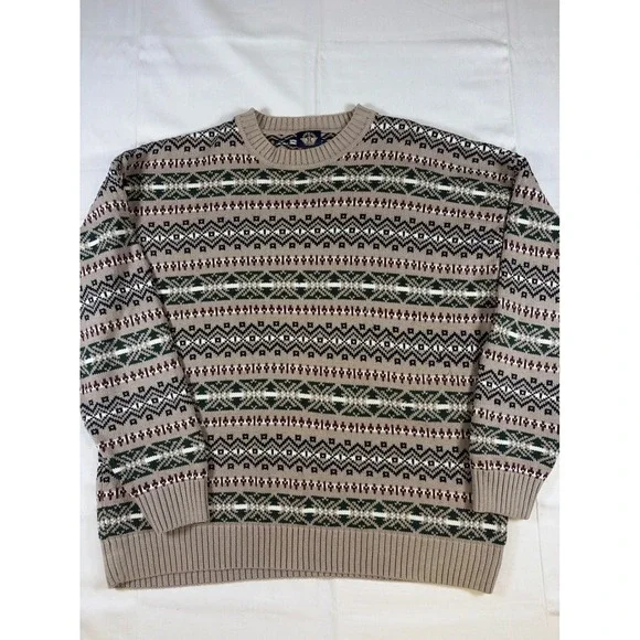 VNTG 90's Dockers Men Large Cotton Fair Isle Crewneck Sweater Tan Green Burgundy