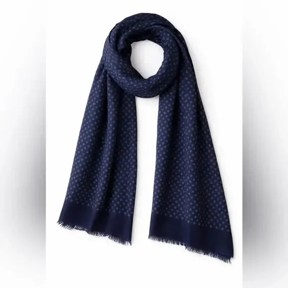 Lanvin Paris Navy Blue Dot Print Scarf Wrap 70% Cotton 30% Silk Italy