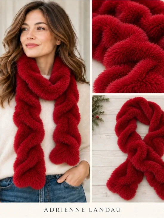 Adrienne Landau Deep Red Ruched Faux Fur Scarf