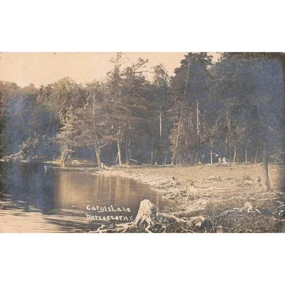 RPPC Caryls Lake Worcester New York NY Shore Landscape 1912 Real Photo Postcard