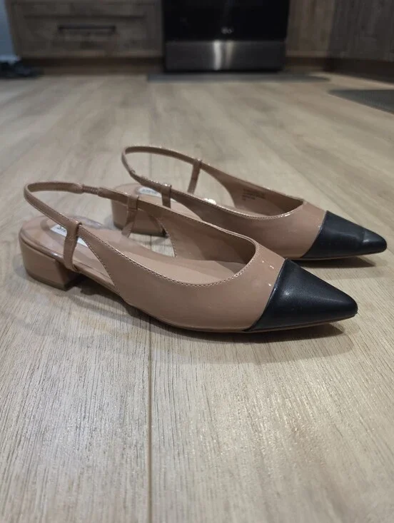Steve Madden Allure Two-Tone Cap Toe Slingback Flats Nude Black Size 9