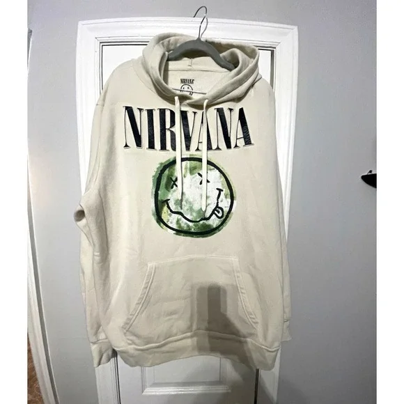 Nirvana Men's XL Beige Fleece Pullover Hoodie Pockets Drawstring Smiley