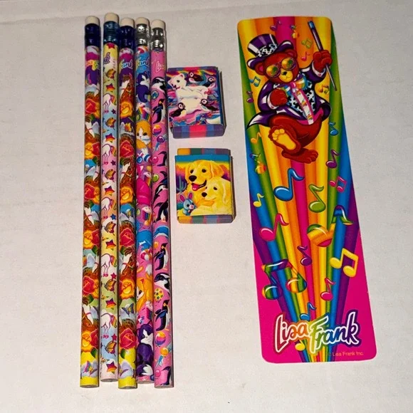 Vintage Lisa Frank Stationery Set Pencils Erasers Bookmark Hollywood Bear 90s‎