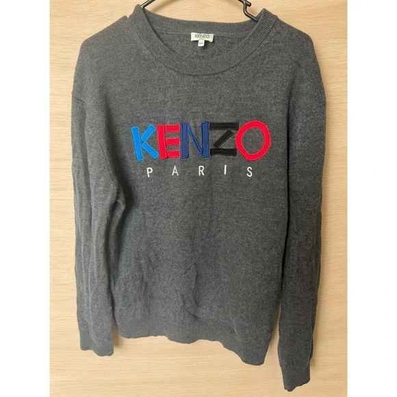 Kenzo Paris Mens Wool Crewneck Sweater Charcoal Grey Logo XXL F965PU2173LC