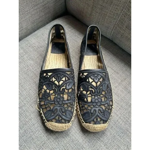 Tory Burch Black Cotton Lace and Leather Jackie Espadrilles