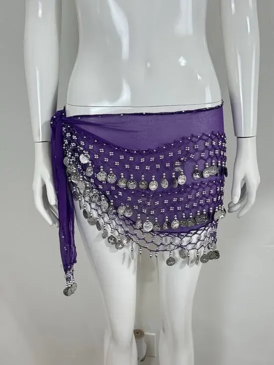Belly Dance Hip Scarf Coin Belt Purple Chiffon Gold Coins Festival Costume