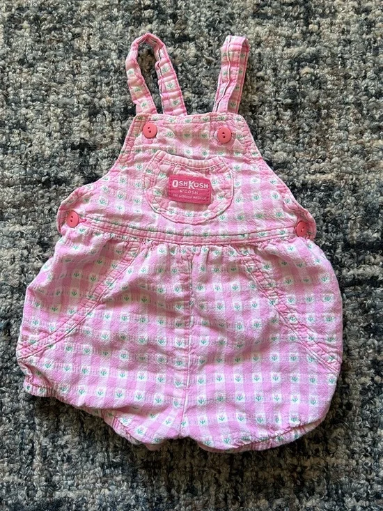 ·OshKosh· B'Gosh Vestsak Vintage Pink Floral Gingham Baby Onesie Romper