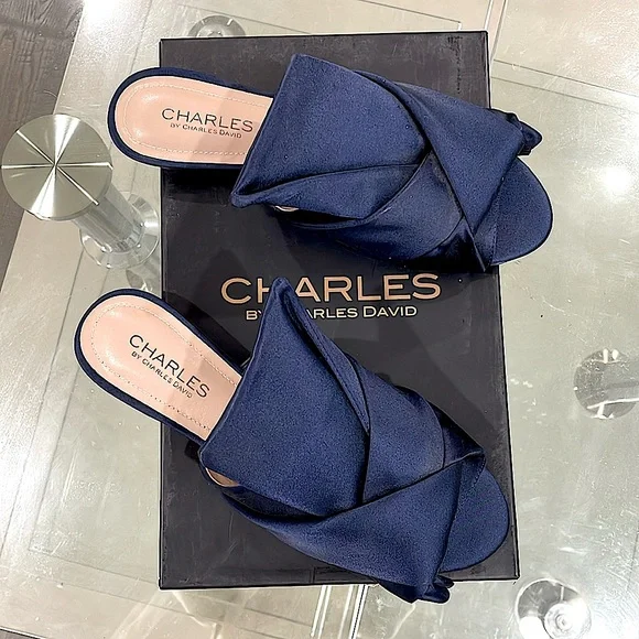 NWT Charles David royal navy pure satin slip on slides blue flats open toe bow