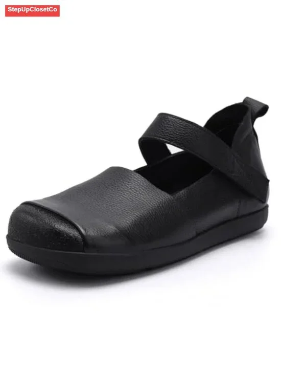 Women Cowhide Penny Loafers Mary Jane Ankle Strap Wide Toe Box Comfort Flats