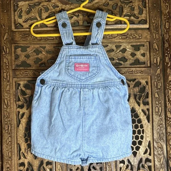 Vintage OshKosh Bgosh Girls Denim Pink Label Back Bow Shortalls 2T 90s Retro USA