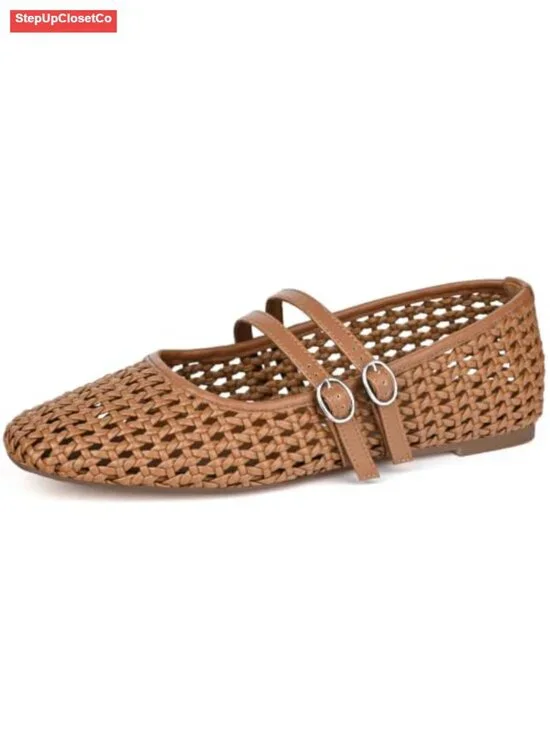 Woven Mary Jane Flats Square Toe Ballet Shoes Dual Strap