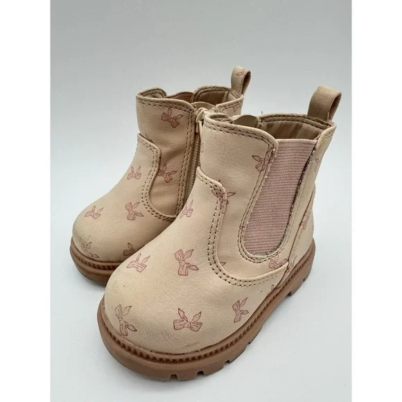 Toddler Girls Chelsea Boots‎ Size 3 Pink Bow Print Side Zip Casual