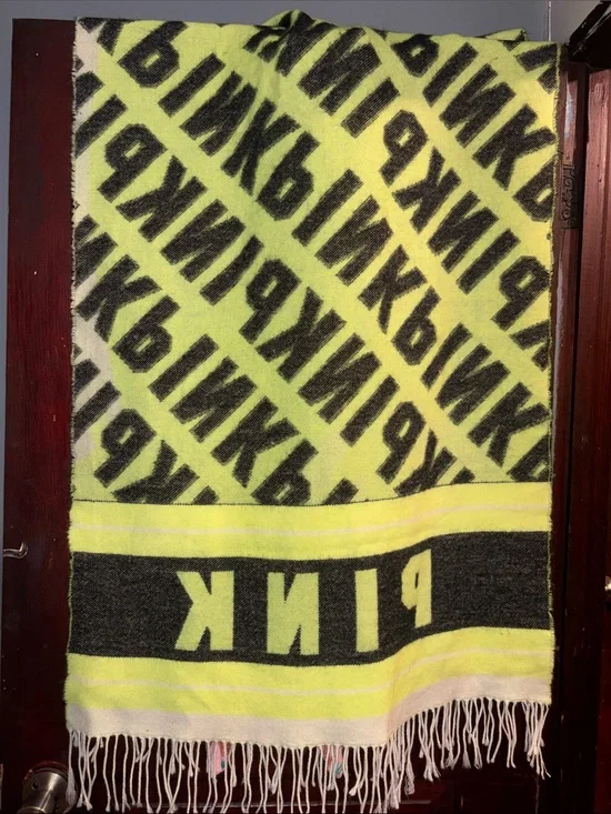PINK Victoria's Secret Neon Yellow and Black Logo Fringe Throw