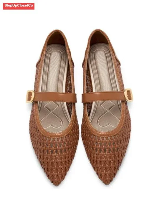 Mesh Mary Jane Ballet Flats Woven Pointed Toe Comfort Shoes