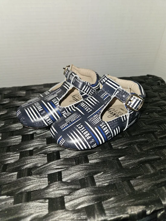 Monkey Feet Navy & White Law & Enforcement Patterned T-Bar Walker Shoes