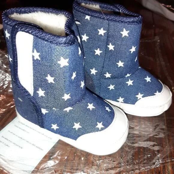 New Infant Size 2 Blue White Star Boots Booties Ankle Boots Faux Fur Lin…