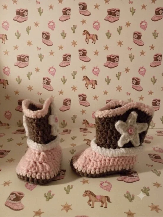 Handmade Crochet Baby Pink Cowgirl Cowboy Booties