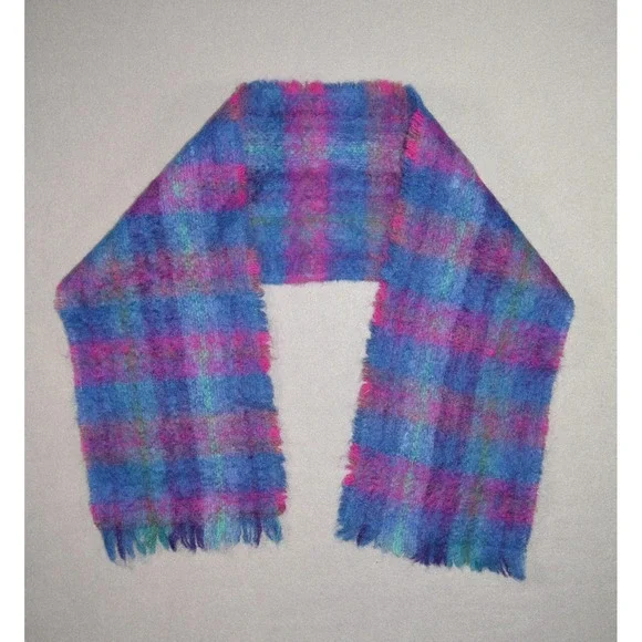 John Hanly Scarf Mohair Wool Blend Blue Purple Fringe Ireland Plaid Vintage