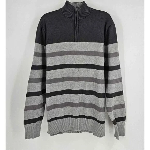 Eddie Bauer Mens Mock Neck Quarter Zip Striped Gray Sweater Outdoor Hiking Sz TL