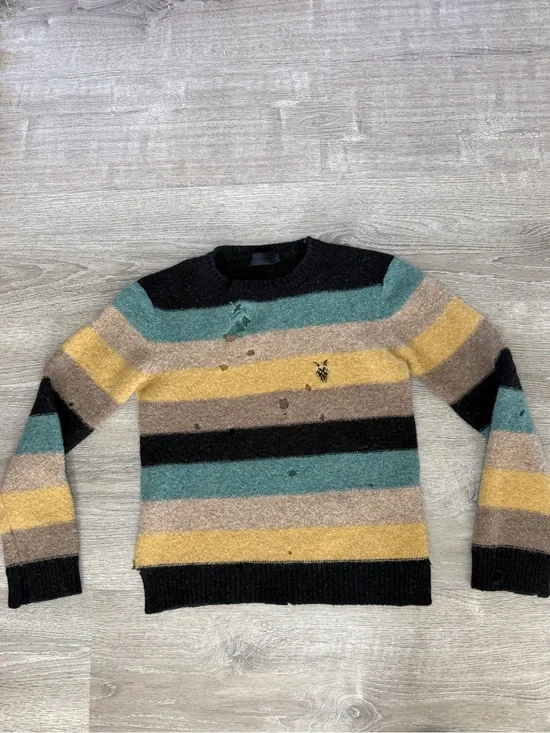 AllSaints Striped Crewneck Sweater in Black, Teal, Mustard, Tan