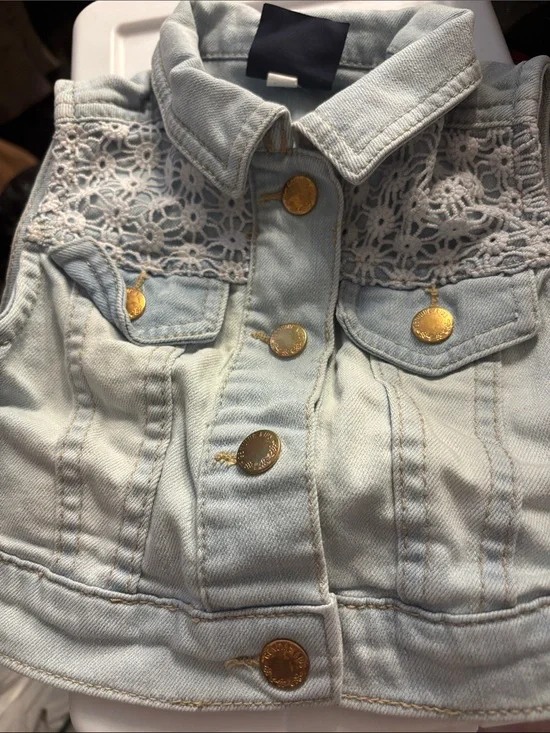 OshKosh B'gosh Light Blue Denim Vest with Lace Yoke and Gold Buttons 18 Months