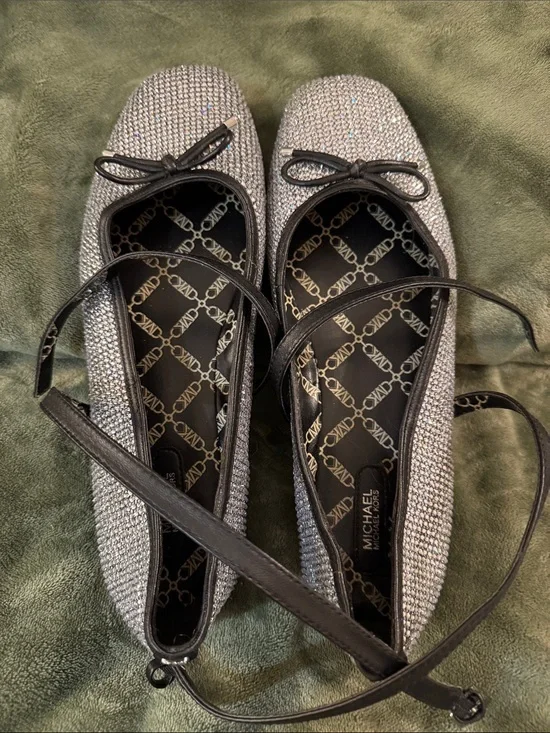 MICHAEL Michael Kors Silver Crystal Ballet Flats with Black Trim