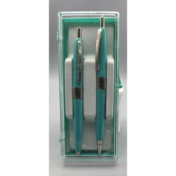 Vintage Made in USA Turquoise Pen Mechanical Pencil Set Original Case MCM