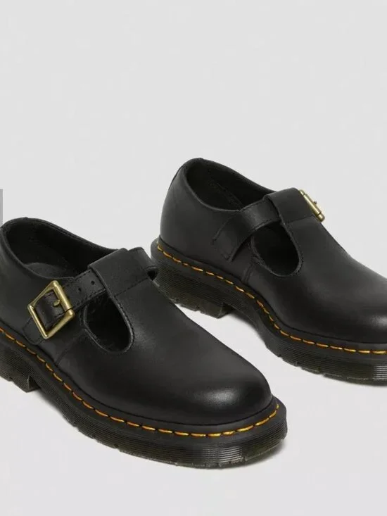 Dr. Martens Black Leather Mary Janes with Yellow Stitching